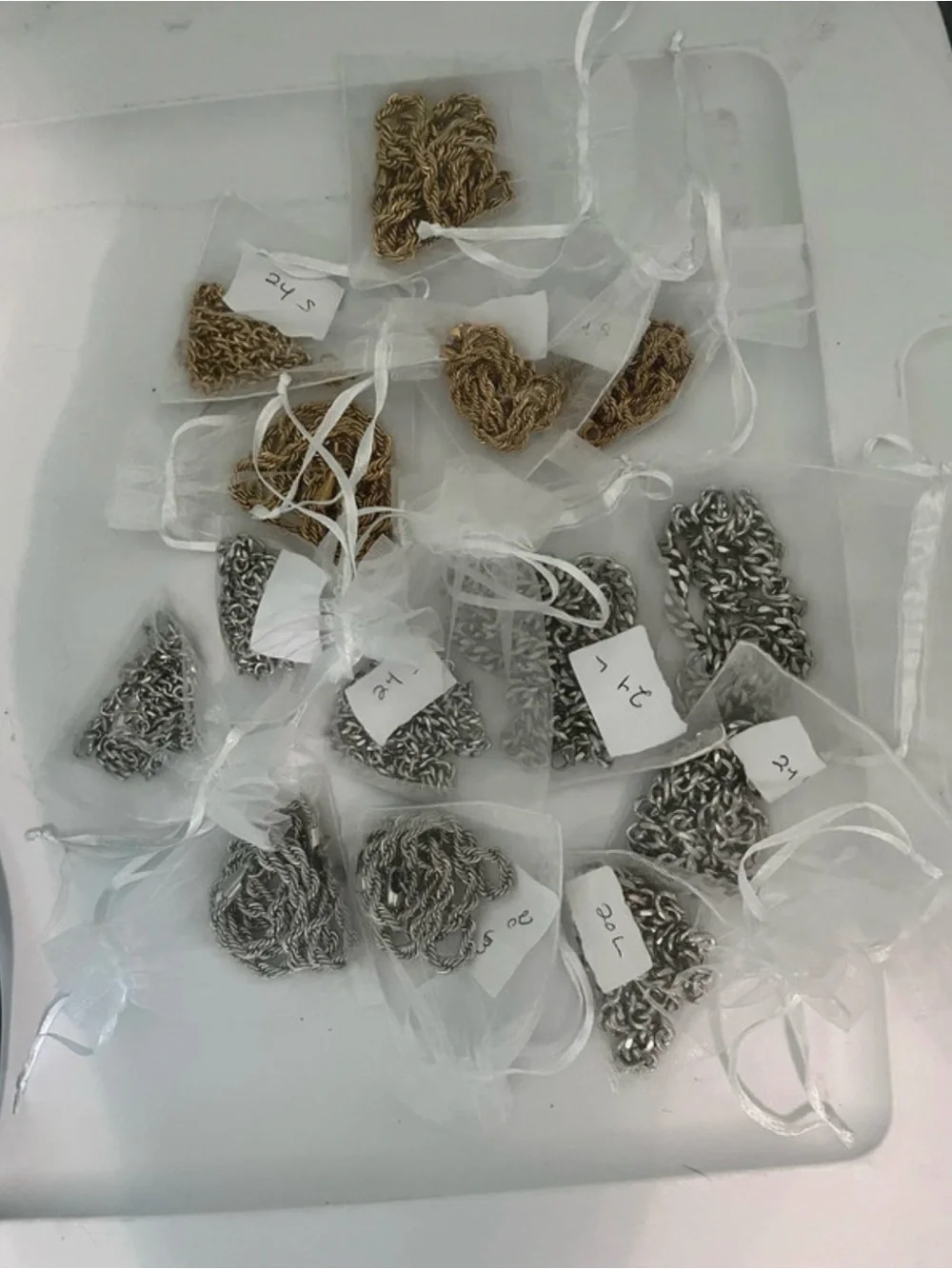 Wholesale lot of 14 Cuban & Rope Chains in Organza Bags -stainless 20-24” unisex